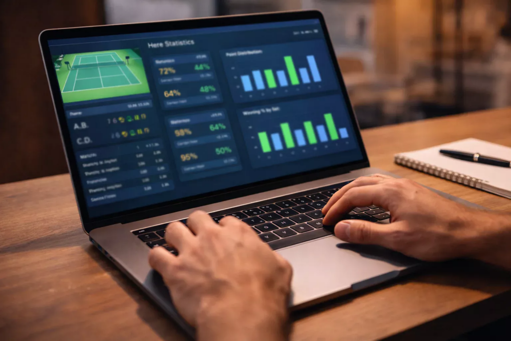 Personne analysant des statistiques de tennis et des cotes de paris sportifs sur un ordinateur portable