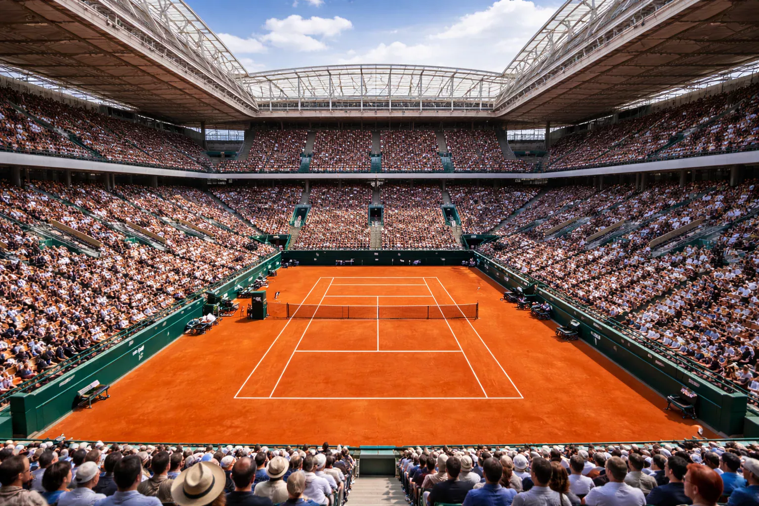 Stade Roland Garros avec court Philippe-Chatrier et tribunes sous ciel bleu