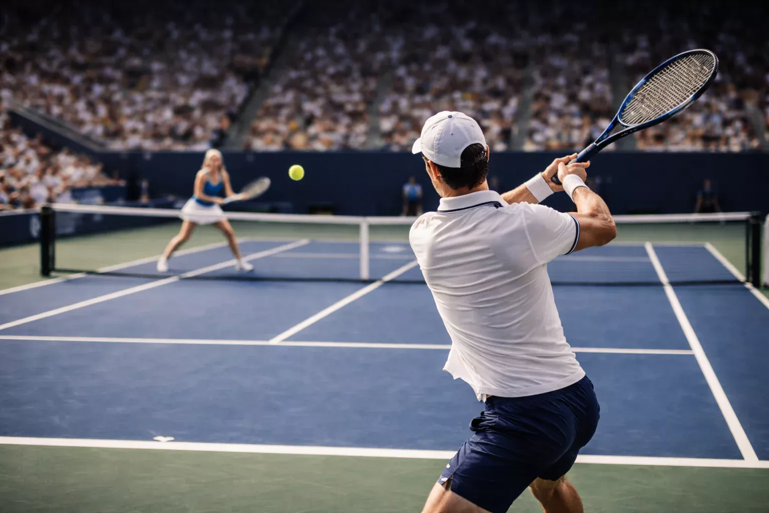 Match de tennis en cours sur court en dur avec joueurs en action