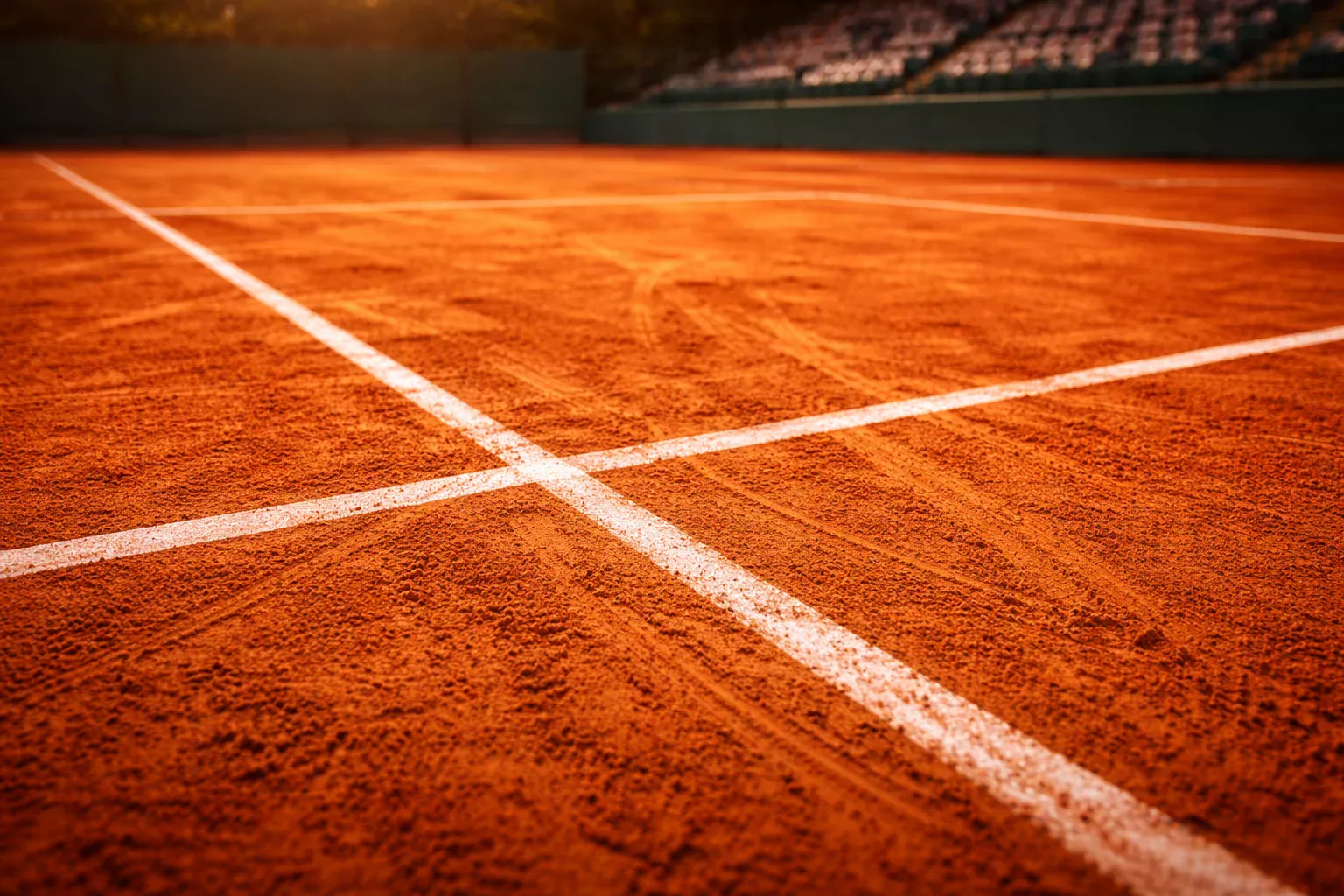 Court de tennis sur terre battue avec traces de glissade sous lumière naturelle