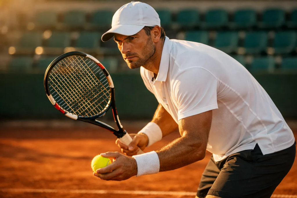 Joueur de tennis concentré préparant son service sur terre battue avec sa raquette