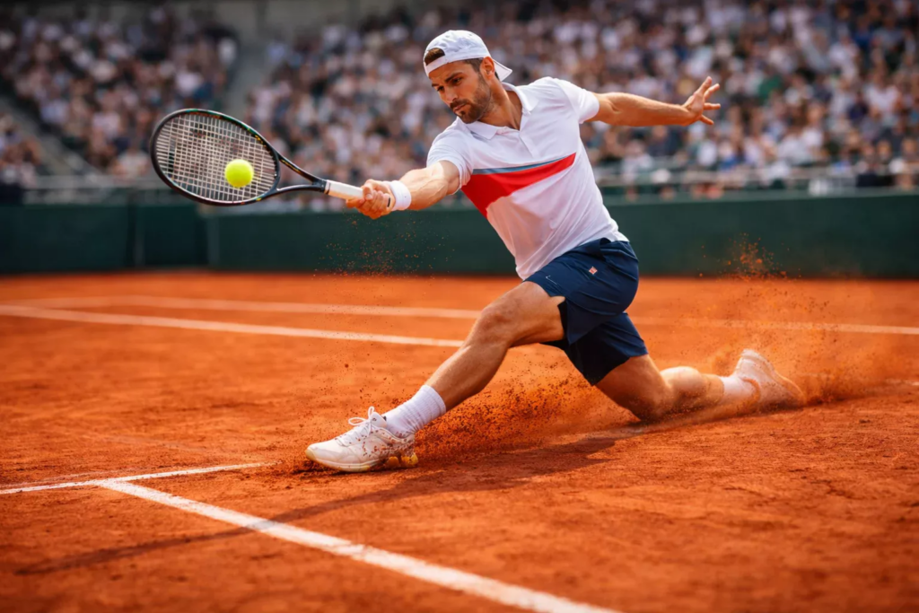 Joueur de tennis exécutant un coup droit lifté sur terre battue pendant un match