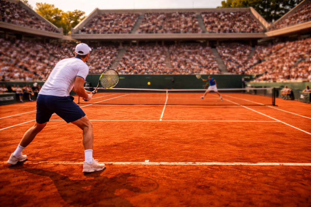 Échange intense entre deux joueurs de tennis sur le court de Roland Garros avec les tribunes en arrière-plan