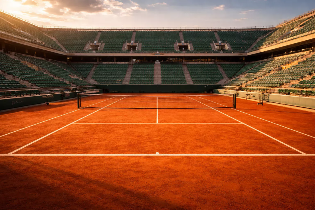 Court central Philippe-Chatrier de Roland Garros avec sa terre battue ocre sous la lumière du soleil