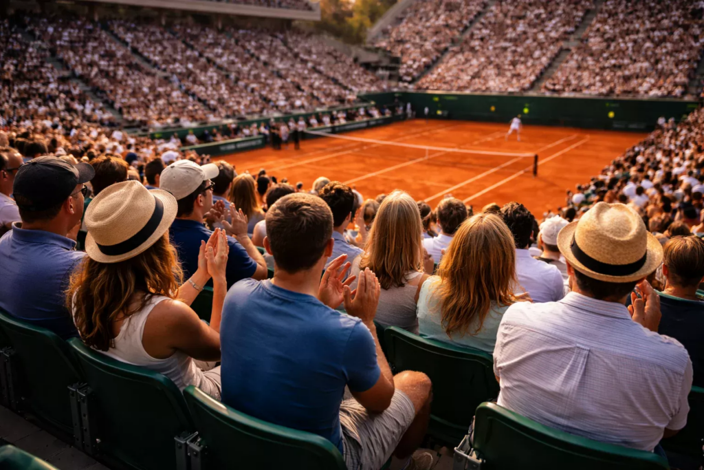 Spectateurs passionnés regardant un match de tennis en direct dans les tribunes de Roland Garros